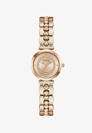 Montre-bracelet en or rose avec un cadran rond, ornée d'une lunette en cristal, et un bracelet à maillons avec des accents sphériques.
