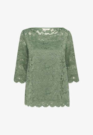 Bluza verde din dantelă cu mâneci trei sferturi, model floral, margini ondulate și decolteu rotund.