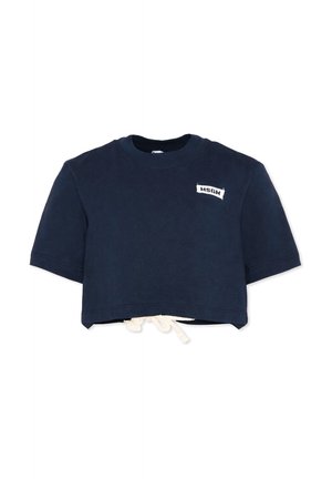 Top corto a maniche corte di colore blu navy con scollo rotondo, coulisse bianca all'orlo e piccolo logo bianco "MSGM" sul petto a sinistra.