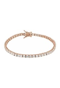 Armband aus Roségold mit einer Reihe runder, klarer Steine, die in einer Krappenfassung eingesetzt sind, und einem sicheren Verschluss. Glattes Band-Design.
