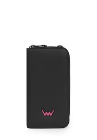 Black zippered wallet made of smooth leather featuring a pink logo at the bottom, rectangular shape, and clean edges.
