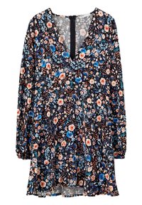 Robe à manches longues avec col en V, fond noir ornée d'un motif floral bleu, pêche et blanc et fermeture éclair au dos.