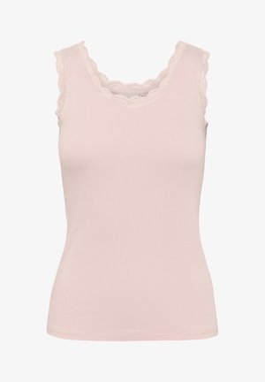Light pink ribbed tank top with a scalloped lace trim around the neckline and armholes. The fabric is smooth and fitted.
