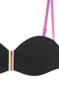 Black bikini top with pink shoulder straps and two vertical accent bands in pink and neon green at the center front.