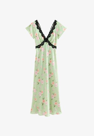 Abito midi in raso verde chiaro con motivo floreale rosa, maniche corte, scollatura a V profonda e rifinitura in pizzo nero sotto il seno e sulla scollatura.