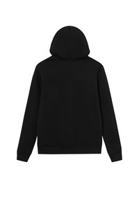 Felpa nera con cappuccio realizzata in tessuto morbido, con cappuccio, maniche lunghe e orlo a coste. Senza loghi o motivi visibili. Design della parte posteriore semplice.