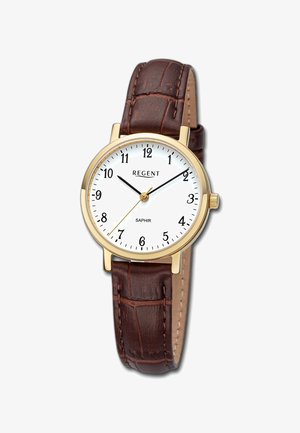 Gold-tone watch with a white dial, black hour markers, and a brown crocodile-patterned leather strap. Features a round case and Saphir glass.