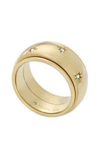 Goldfarbener Edelstahlring mit drei sternförmigen Akzenten, die mit klaren Edelsteinen besetzt sind, glatte Oberfläche und polierte Oberfläche.
