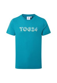 Turquoise short-sleeve T-shirt with round neck and "TOG24" text in white and yellow on the front center.