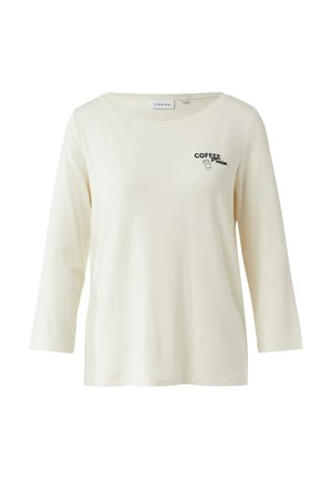 Kremowa koszula z długim rękawem wykonana z miękkiego materiału. Posiada okrągły dekolt i grafikę na piersi z napisem "COFFEE Please" w czerni.