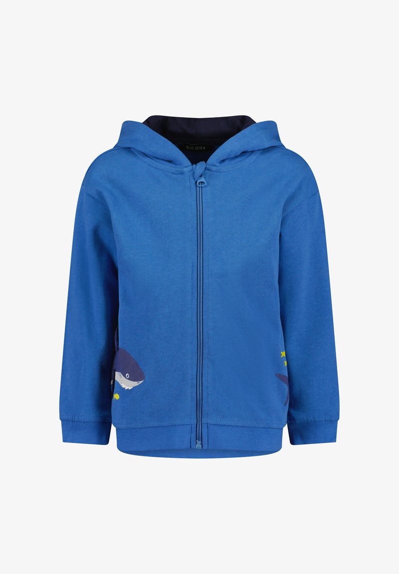 Sweat à capuche zippé bleu en coton ; présente des motifs de requin et des accents d'étoiles sur le devant, avec une capuche doublée et des poignets côtelés.