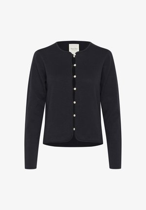 Must värvitud kardigan ümmarguse dekolteega, mis sisaldab nööpidega avatud esiosaga, pärlitega kaunistatud ja peene tekstuuriga kangast. Pika varrukaga, lühendatud disain.