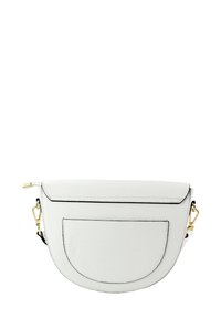White leather handbag with a rounded shape, featuring a flap closure and black stitching. Includes a front pocket and gold hardware accents.