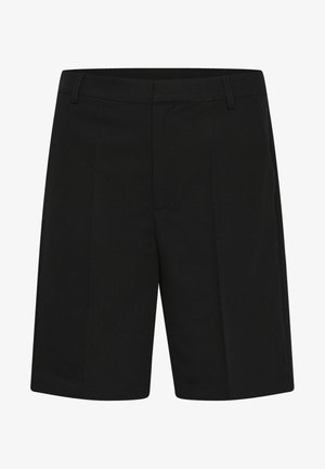 Czarne, dopasowane szorty o prostym kroju, wykonane z gładkiego materiału, z bocznymi kieszeniami i standardową linią talii.