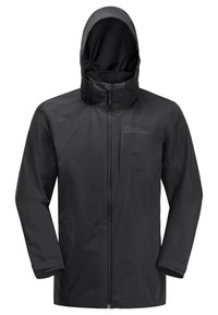Giacca nera impermeabile con zipper frontale, cappuccio regolabile e maniche lunghe. Presenta un logo sul lato sinistro superiore. Texture liscia.