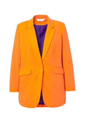 Oranger Blazer mit taillierter Passform, Ein-Knopf-Verschluss, Reverskragen, zwei Fronttaschen und einem kontrastierenden lila Futter.