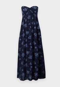 Strapless maxi dress in navy with blue floral print, featuring a gathered bust and flowing silhouette. Soft fabric with smooth texture.