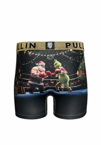 Boxer noir avec un imprimé coloré du Père Noël et du Grinch en train de boxer, avec une ceinture élastique dorée marquée "PULLIN".