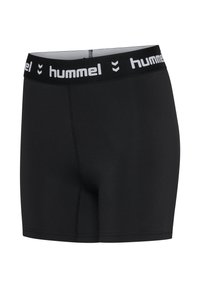 Czarne spodenki sportowe z szerokim czarnym pasem w talii, na którym znajduje się białe logo "hummel". Wykonane z elastycznego, gładkiego materiału z płaskimi szwem.