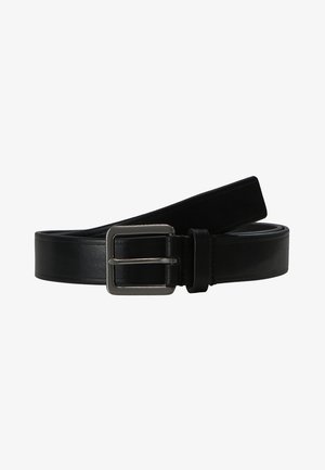 Cinturón de cuero negro con una hebilla rectangular en tono plateado. Textura suave, diseño cónico y funcionalidad para el uso.