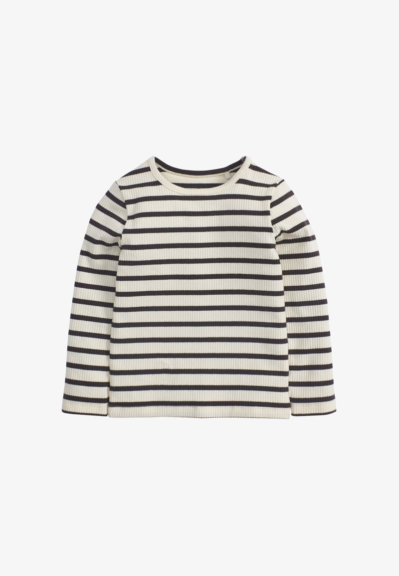 Striped long-sleeve top in cream and dark gray. Ribbed texture with a round neckline and straight hem. Simple, casual design.