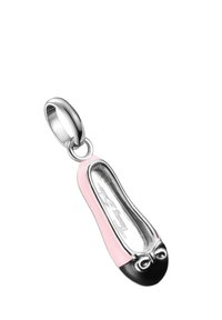 Ciondolo in argento a forma di ballerina, con corpo rosa, punta nera e un piccolo fiocco. Texture liscia con finitura lucida.