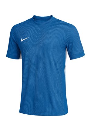Maillot de sport bleu à manches courtes avec un motif texturé subtil et le logo blanc Nike sur la poitrine droite.