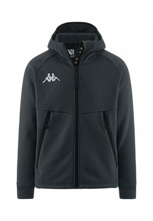 Giacca a hood grigia scura realizzata in materiale felpato, con due tasche con zip, logo impresso sul petto e polsini a costine.