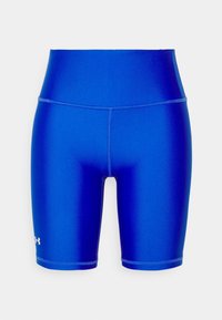Shorts blu a vita alta realizzati in un materiale liscio ed elastico, con una leggera lucentezza e un logo bianco sulla gamba sinistra.