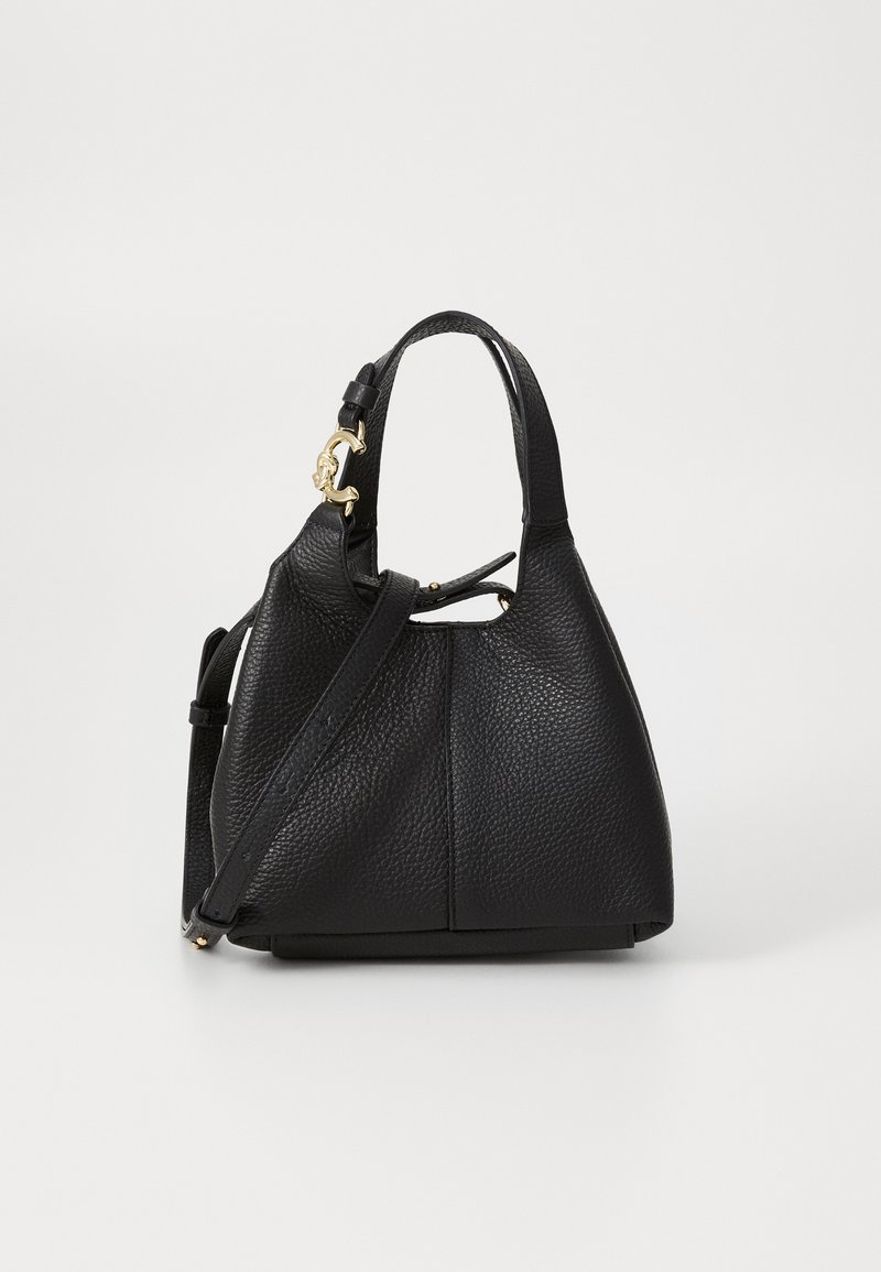 Black leather handbag with a textured finish, curved shape, short handle, and a detachable shoulder strap. Features a gold hardware accent.