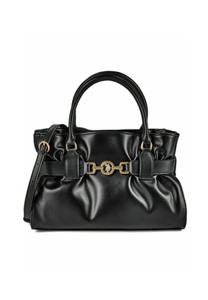 Bolso de cuero negro con doble asa, correa de hombro extraíble, detalles fruncidos y cierre metálico dorado estilo freno de caballo en el frente.