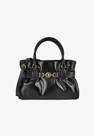 Schwarze Lederhandtasche mit zwei Griffen, abnehmbarem Schulterriemen, gerafften Details und goldenem Metalldetails im Pferdebit-Stil auf der Vorderseite.