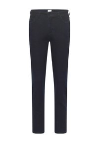 Tumši zilie džinsi ar taisno kāju griezumu, piecu kabatu dizainu un rāvējslēdzēja aizdari. Iespējas ietver izšūti detaļas un gludu tekstūru.