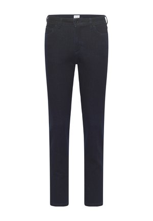 Dunkelblaue Denim-Jeans mit geradem Bein, Fünf-Taschen-Design und Reißverschluss. Mit genähten Details und einer glatten Textur.