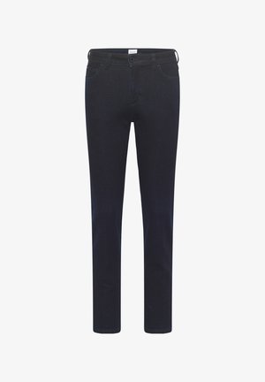 Dunkelblaue Denim-Jeans mit geradem Bein, Fünf-Taschen-Design und Reißverschluss. Mit genähten Details und einer glatten Textur.