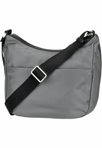 Borsa a spalla in nylon grigio con forma curvata, dotata di chiusura con zip, tracolla regolabile e tasca frontale discreta. Texture liscia.
