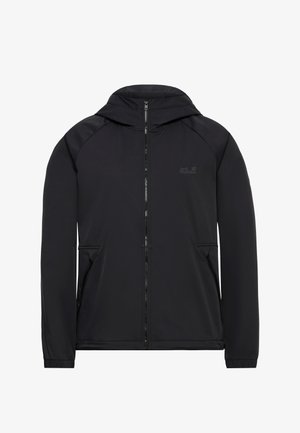 Veste softshell noire à capuche avec fermeture éclair intégrale à l'avant, deux poches latérales zippées, poignets élastiques et logo discret "Jack Wolfskin" sur la poitrine.