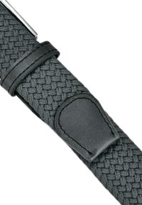 Cinghia in tessuto nero intrecciato con un'accoppiatura in pelle nera liscia. Caratterizzata da una fibbia metallica rettangolare e un motivo intrecciato stretto.