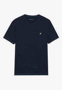 Navy blue cotton t-shirt with a round neckline, short sleeves, and a gold bird logo on the left chest. Flat-stitched seams are visible.