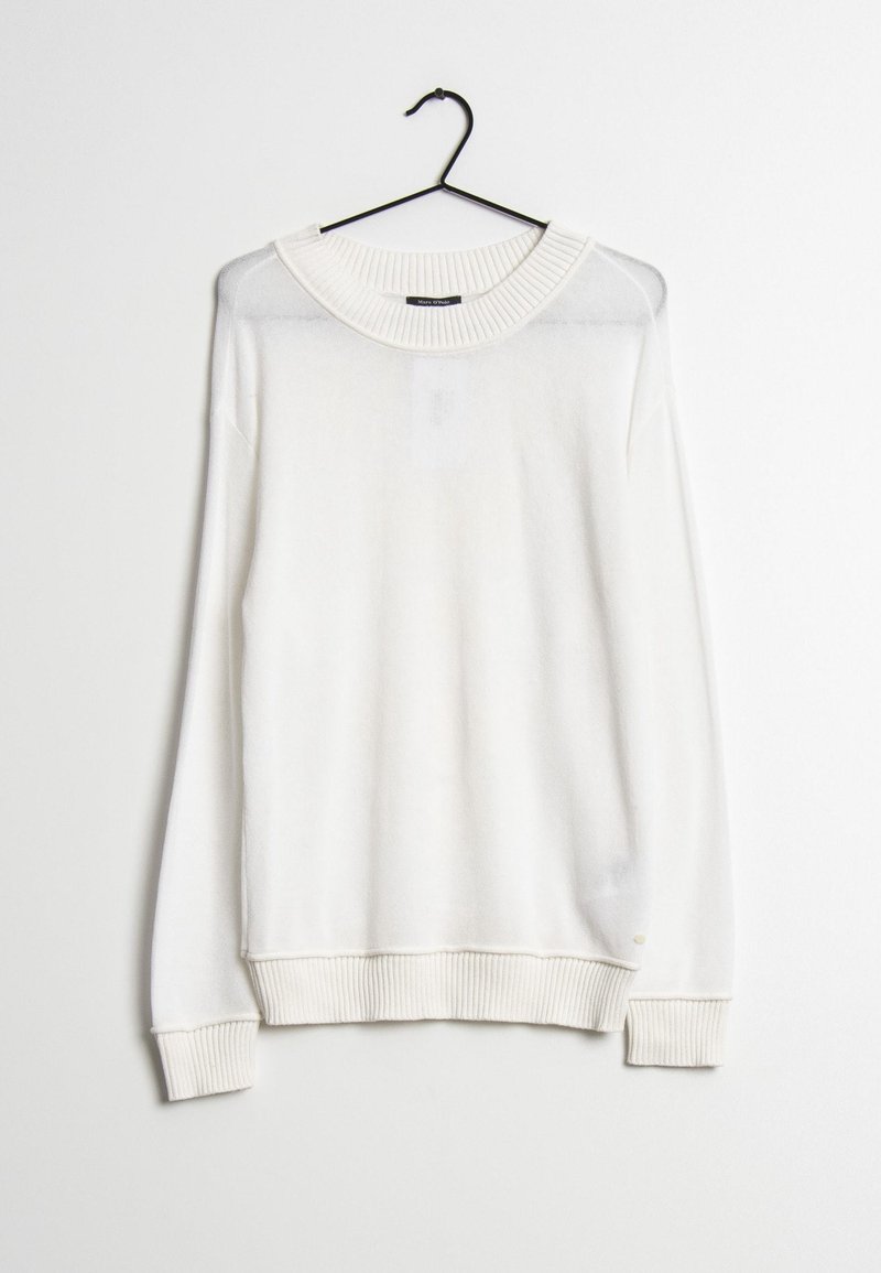 Pull blanc à manches longues avec un col rond et des poignets côtelés. Fabriqué en matériau doux, présentant une légère transparence et un branding minimal.