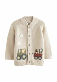 Krämfärgad stickad cardigan med sjalkrage, knappar i trä och broderade traktorer och djurapplikationer framtill.