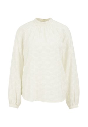 White long-sleeve blouse with a high neckline, textured fabric featuring a subtle pattern, and button closure at the back.