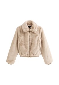 Chaqueta beige de pelo sintético con cuello, cierre de cremallera, mangas largas y dobladillo corto. Textura suave y diseño acolchado.