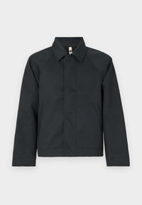 Jachetă închisă la culoare, cu guler, cu mâneci raglan, realizată dintr-un material neted. Dispune de două buzunare laterale și o margine dreaptă, cu detalii minime.