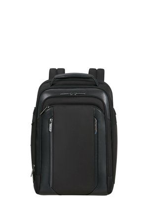 Black laptop backpack with padded shoulder straps, multiple zippered compartments, and a textured front panel. Made from durable synthetic material.
