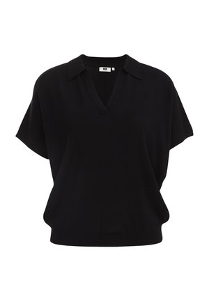 Haut noir en maille à manches courtes avec col rabattu, encolure en V et ourlet côtelé, présenté sur fond blanc.