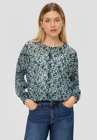 Durchsichtige, leichte Bluse mit einem abstrahierten Druck in Blau, Grün und Schwarz, rundem Ausschnitt und langen Ärmeln mit elastischen Bündchen.