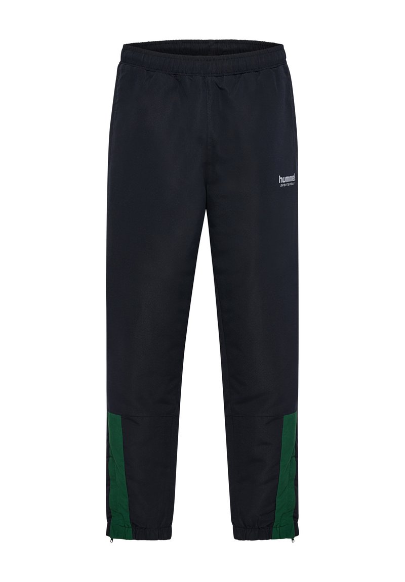 Zwarte sportbroek met een rekbare tailleband, contrasterende groene zijpanelen en ritsen bij de enkels voor verstelbaarheid.