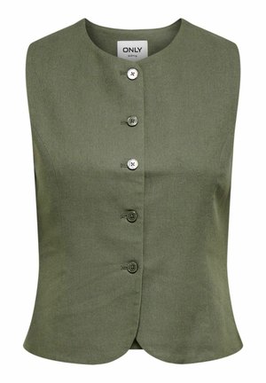 Ærmeløs vest i olivengrøn med fem knapper foran og rund halsudskæring, tætsiddende pasform, lavet af mærket ONLY.