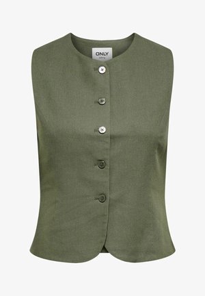 Ermeløs olivengrønn vest med fem knapper foran og rund hals, innsvingt passform, laget av merket ONLY.